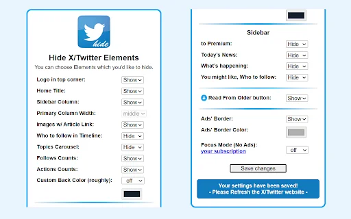 Hide X Twitter Elements: Oculte distrações e personalize o X - Screenshot 2