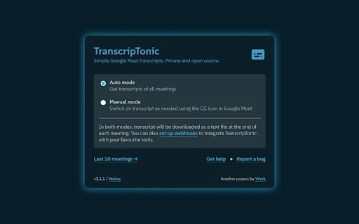 TranscripTonic: Transcrição Gratuita para Google Meet e Zoom - Screenshot 1